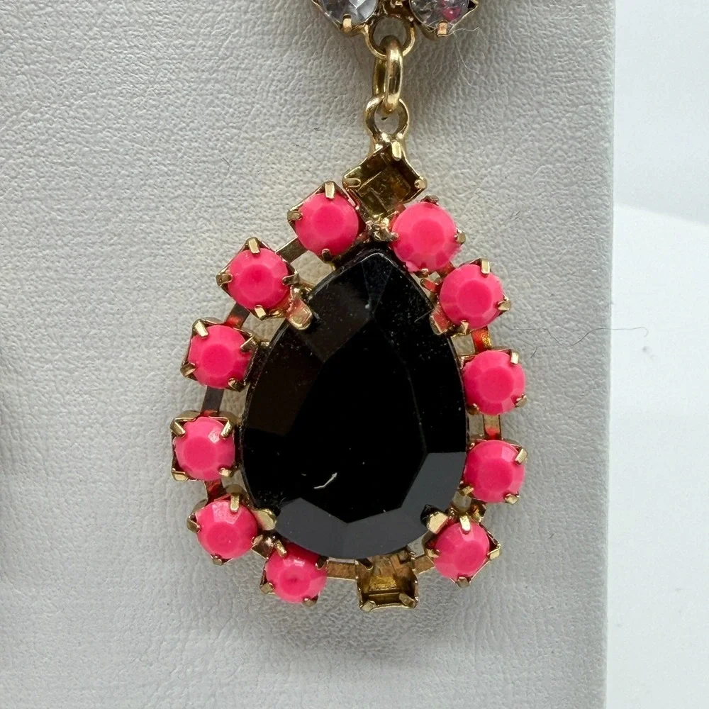 Earrings Neon Pink Black Rhinestone Teardrop Dangle Gold Tone Bold Statement